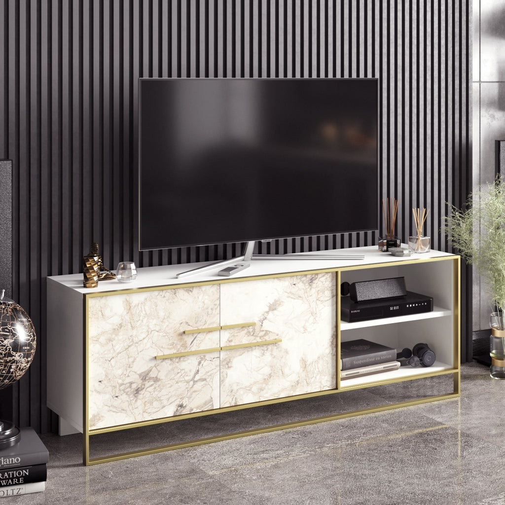 Mueble de TV SIENA, bilaminado mármol blanco con metal dorado, 160 cms.