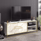 Mueble de TV SIENA, bilaminado mármol blanco con metal dorado, 160 cms.