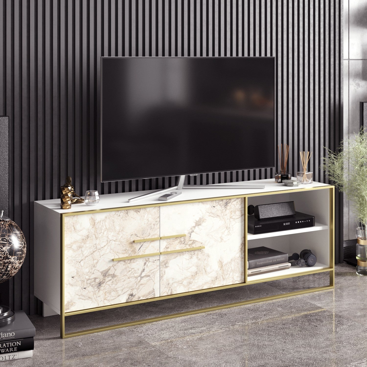 Mueble de TV SIENA, bilaminado mármol blanco con metal dorado, 160 cms.
