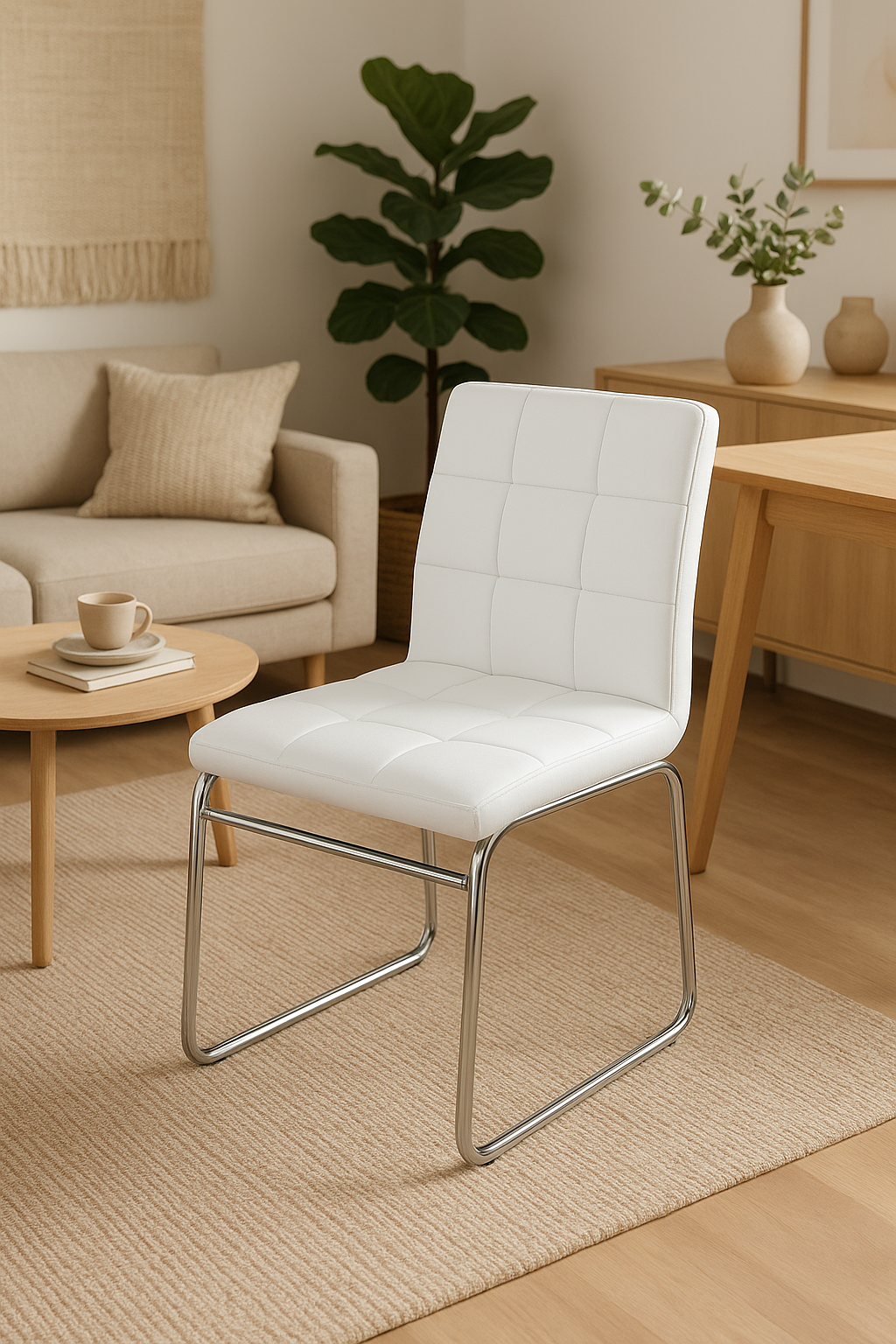 Silla BERTA, cromada, similpiel blanca