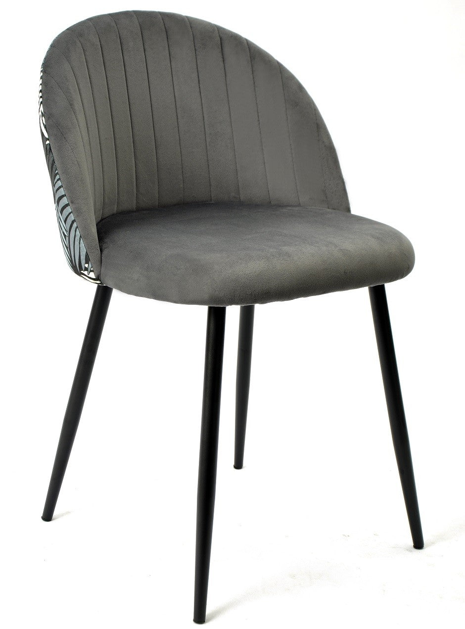 Silla FLORAL, metal, tapizado velvet gris con trasera floral a juego