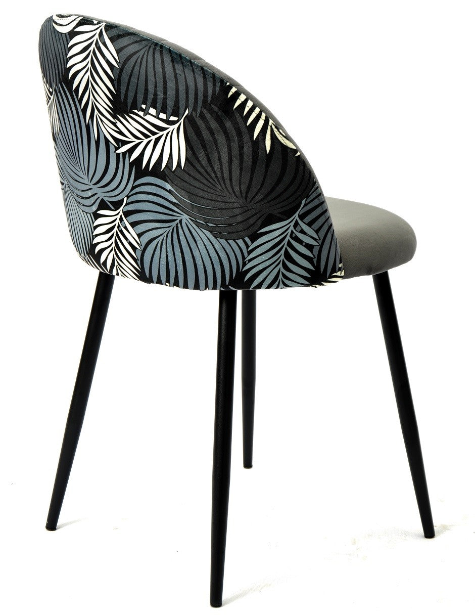 Silla FLORAL, metal, tapizado velvet gris con trasera floral a juego