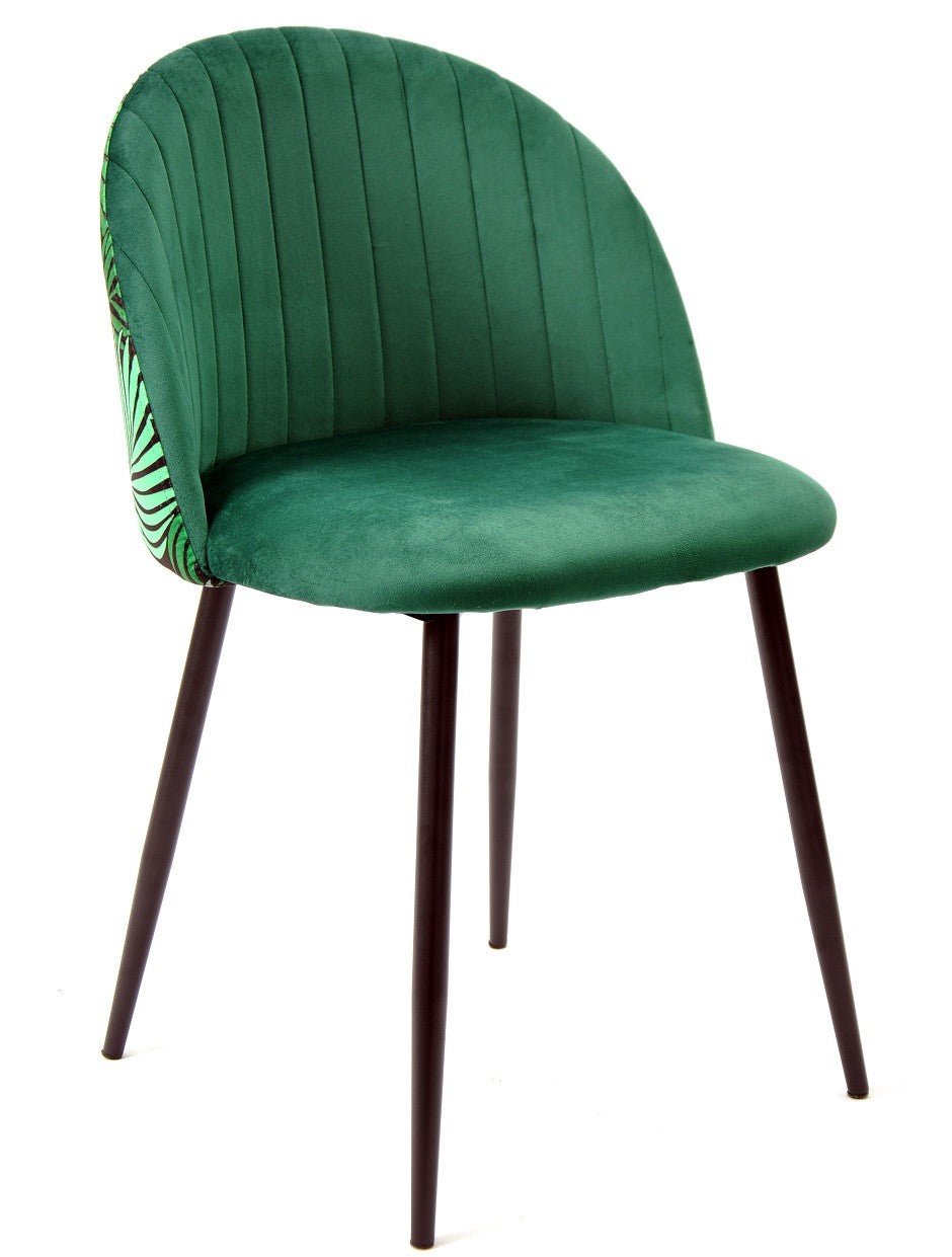 Silla FLORAL, metal, tapizado velvet verde con trasera floral a juego