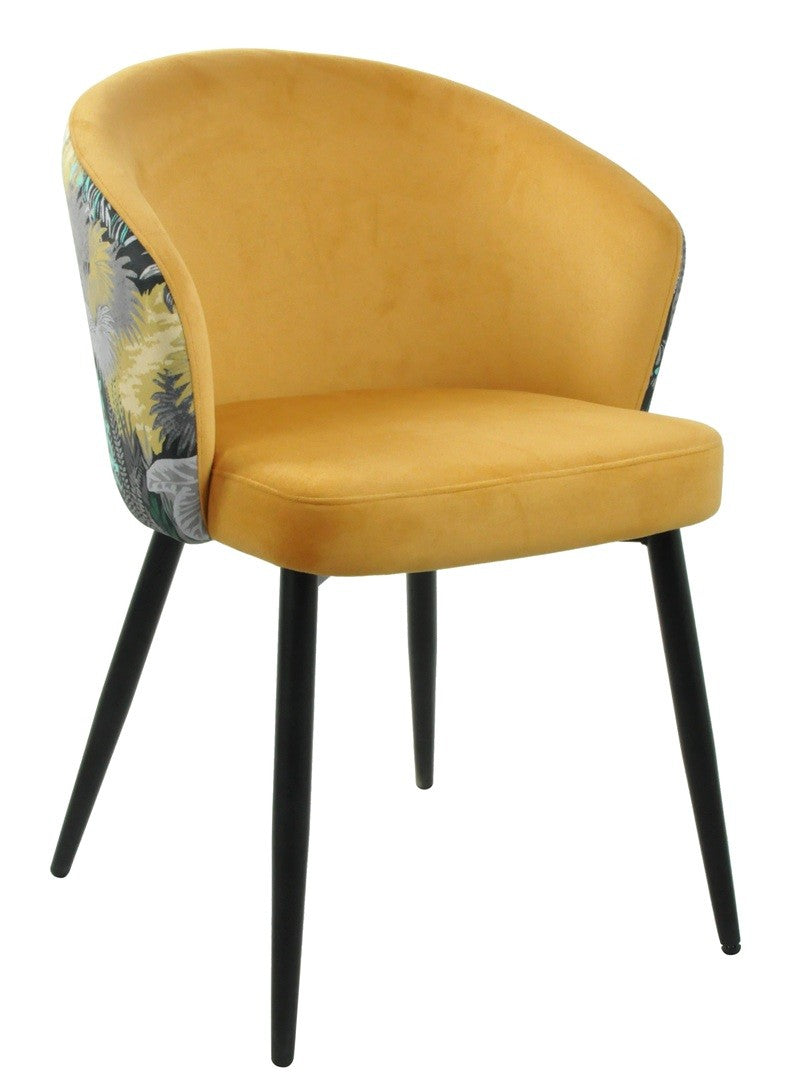Silla LYDIA, metal, tapizado velvet amarillo con respaldo floral a juego