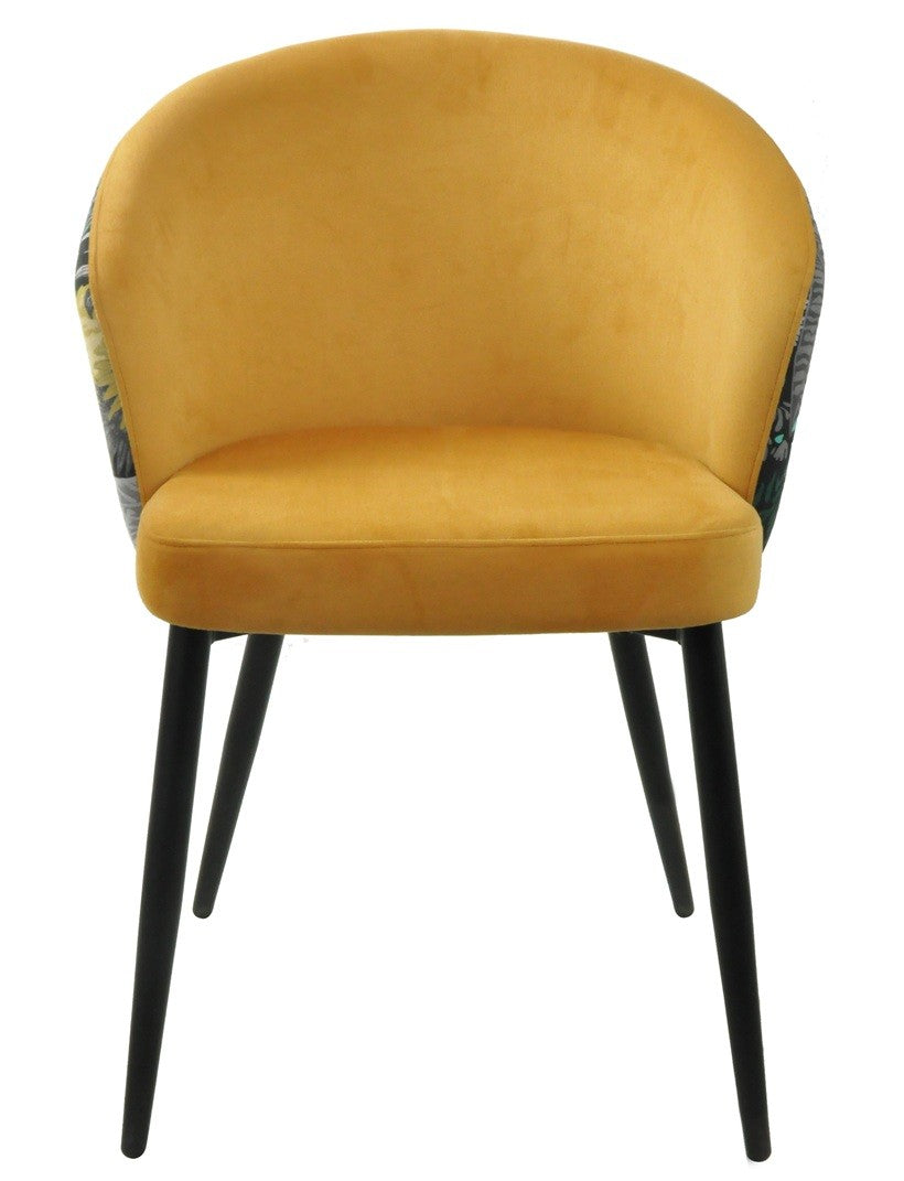 Silla LYDIA, metal, tapizado velvet amarillo con respaldo floral a juego