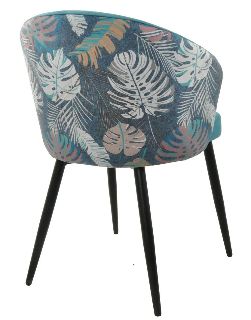 Silla LYDIA, metal, tapizado velvet azul con respaldo floral a juego
