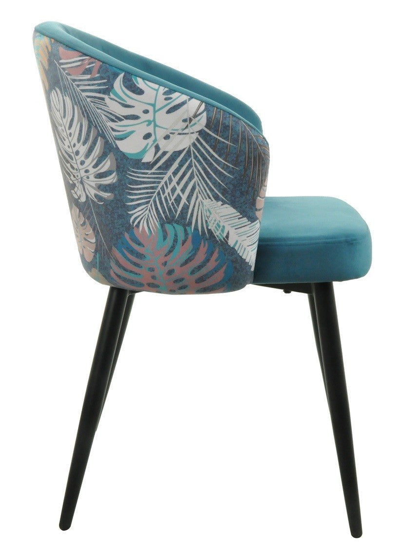 Silla LYDIA, metal, tapizado velvet azul con respaldo floral a juego