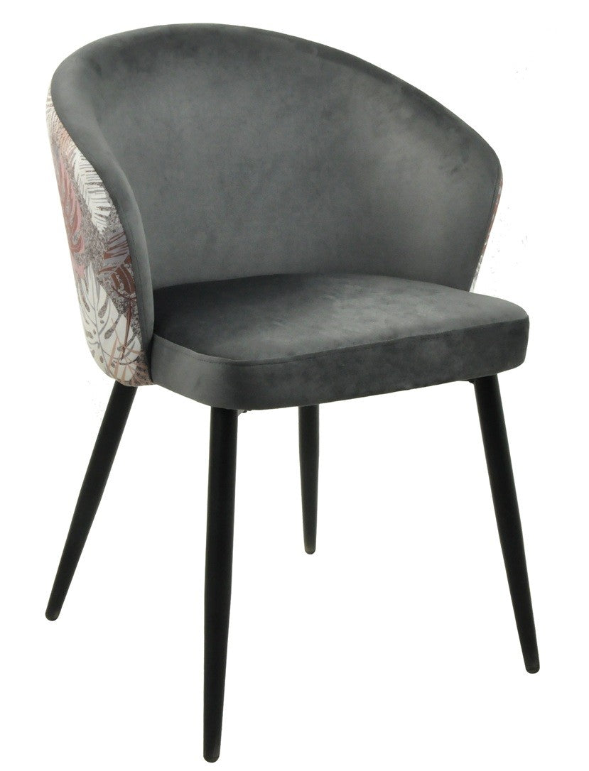 Silla LYDIA, metal, tapizado velvet gris con respaldo floral a juego