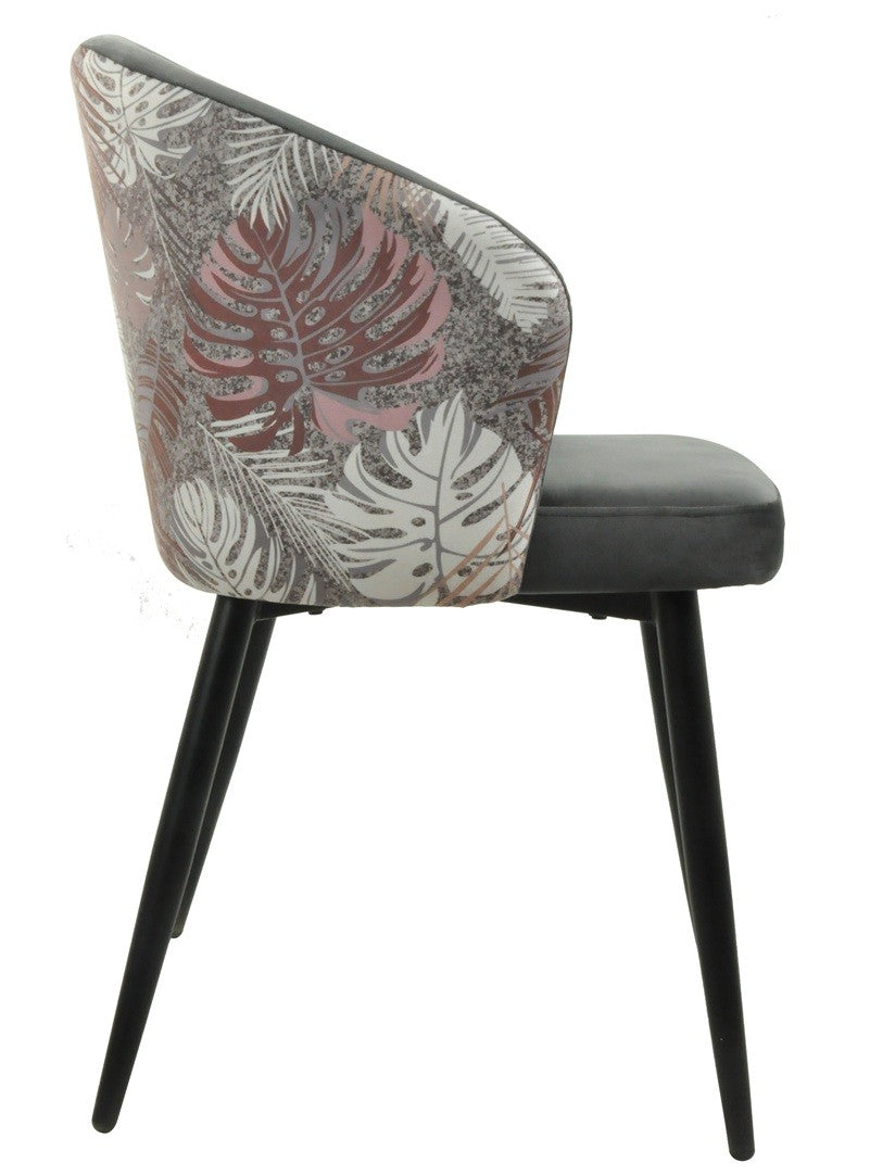 Silla LYDIA, metal, tapizado velvet gris con respaldo floral a juego