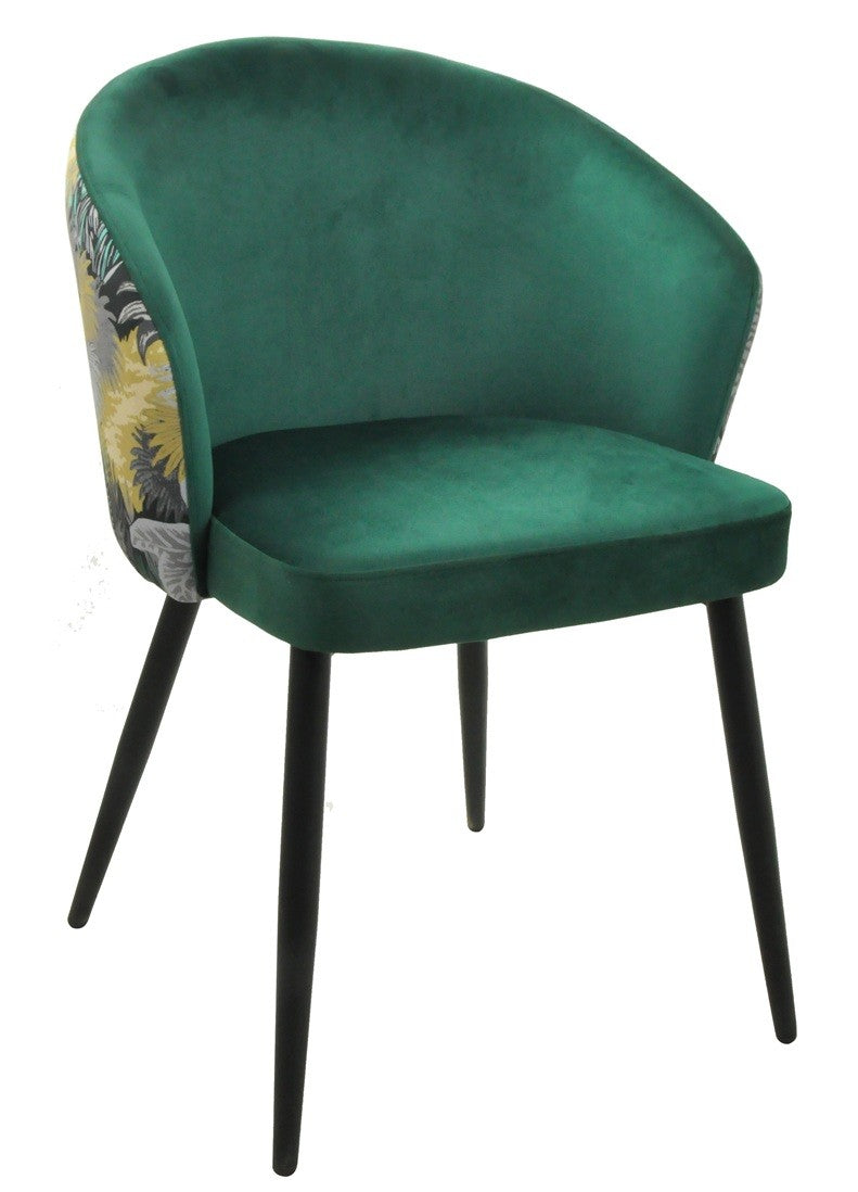 Silla LYDIA, metal, tapizado velvet verde con respaldo floral a juego