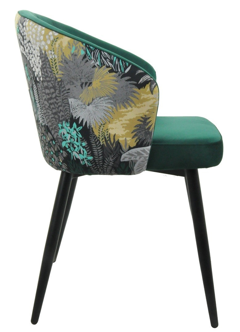 Silla LYDIA, metal, tapizado velvet verde con respaldo floral a juego