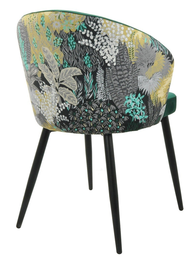 Silla LYDIA, metal, tapizado velvet verde con respaldo floral a juego
