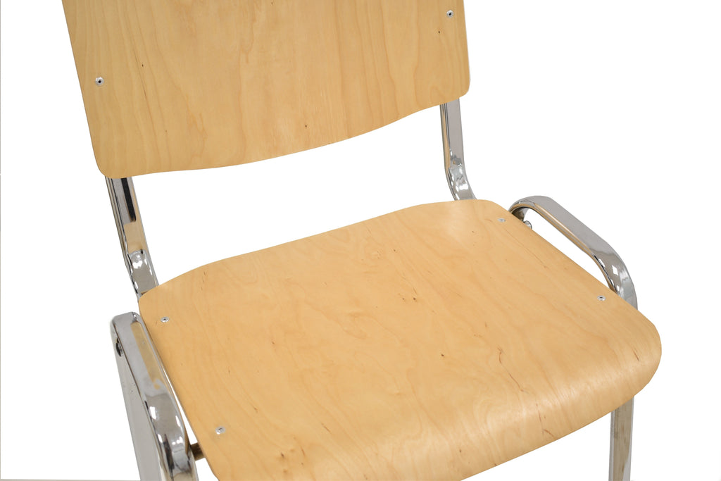 Silla NIZA NEW, chasis cromado, asiento y respaldo en madera natural