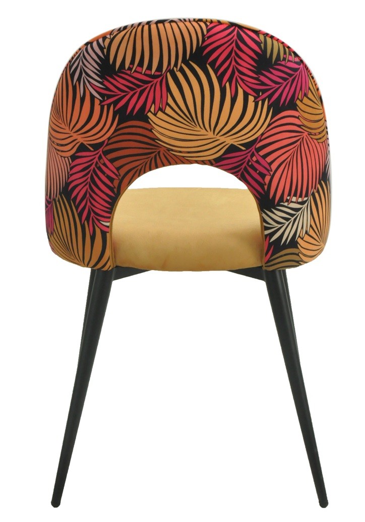 Silla ORQUIDEA, metal, tapizado velvet amarillo con respaldo floral a juego