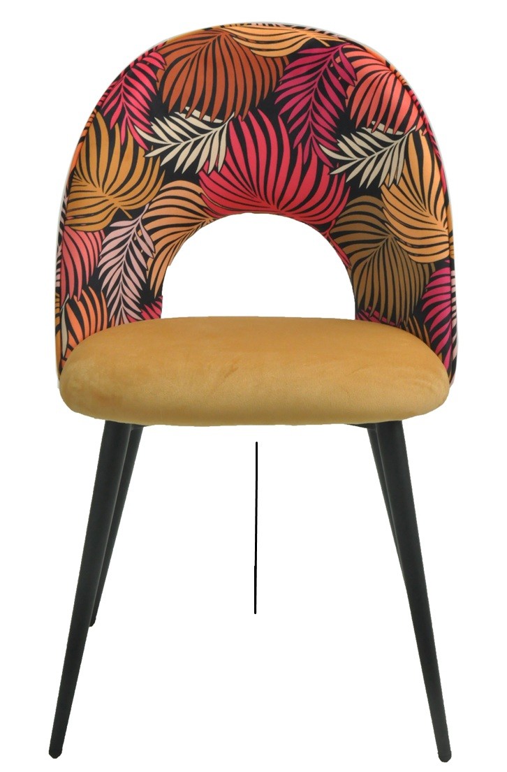 Silla ORQUIDEA, metal, tapizado velvet amarillo con respaldo floral a juego