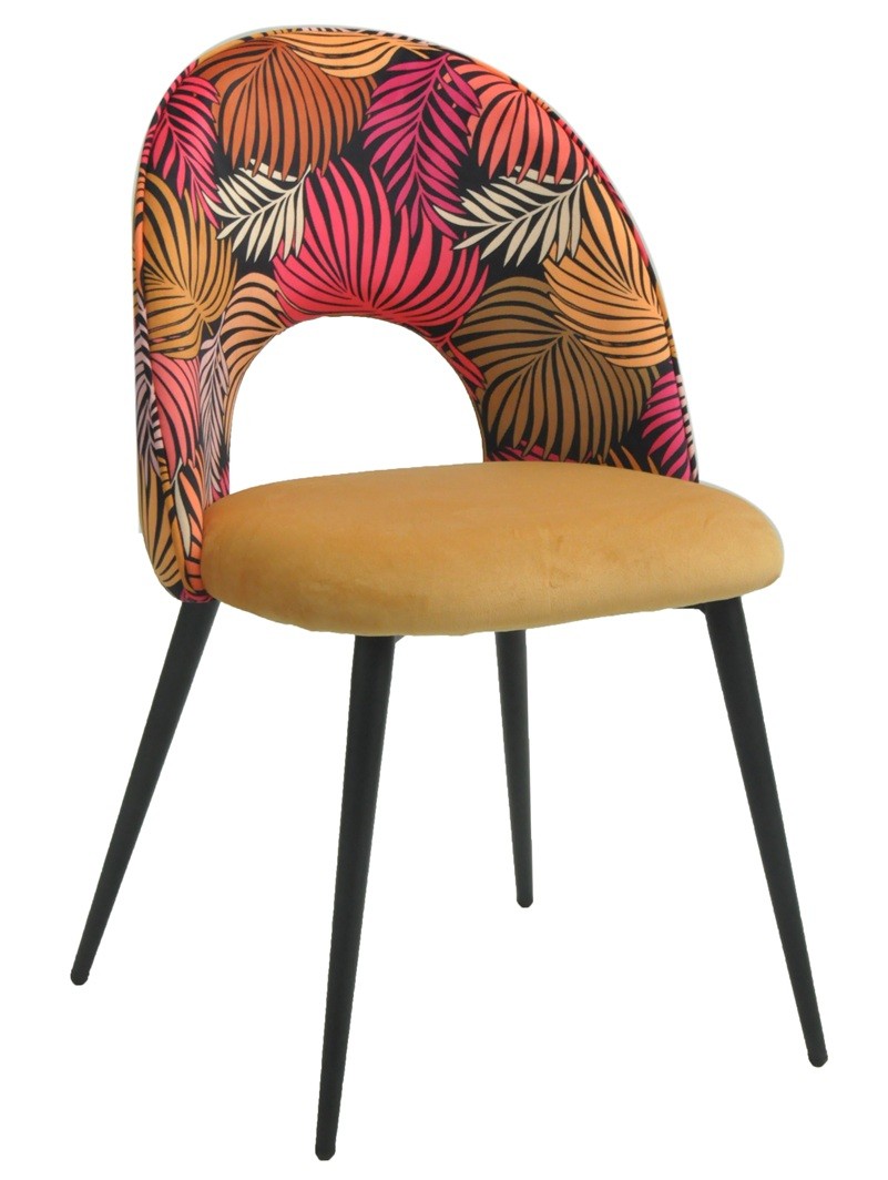 Silla ORQUIDEA, metal, tapizado velvet amarillo con respaldo floral a juego