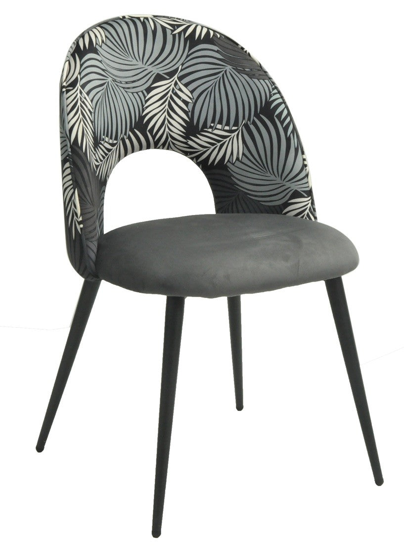 Silla ORQUIDEA, metal, tapizado velvet gris con respaldo floral a juego