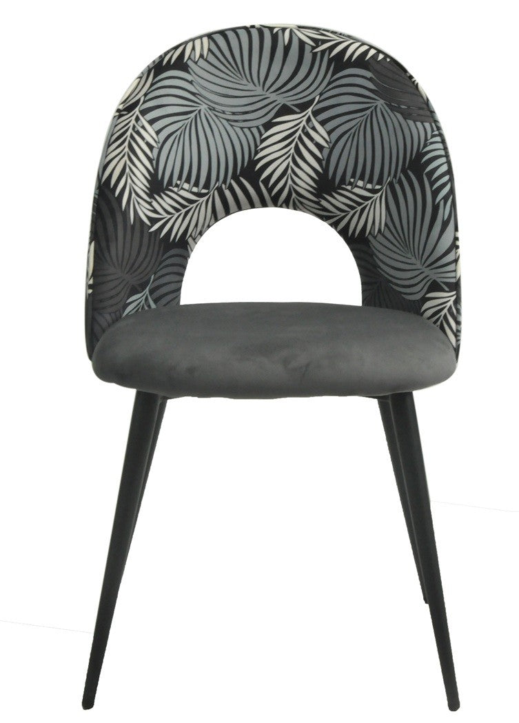 Silla ORQUIDEA, metal, tapizado velvet gris con respaldo floral a juego