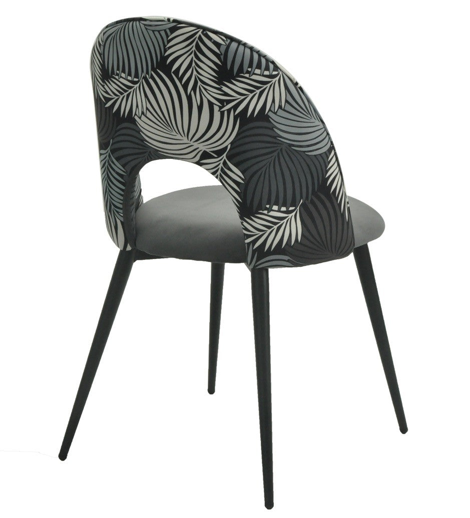 Silla ORQUIDEA, metal, tapizado velvet gris con respaldo floral a juego