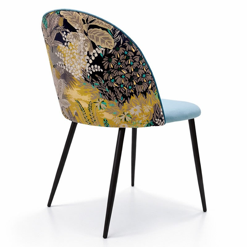 Silla PALM SKY BLUE, metal, tapizado velvet azul con trasera palm