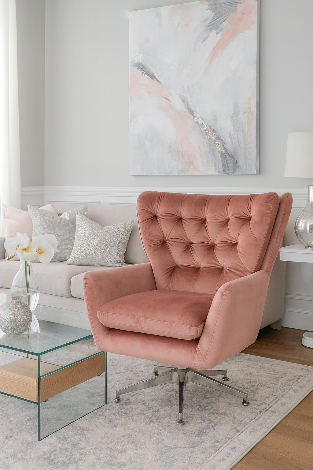 Sillón BÉCQUER, giratorio, regulable, tapizado velvet rosa