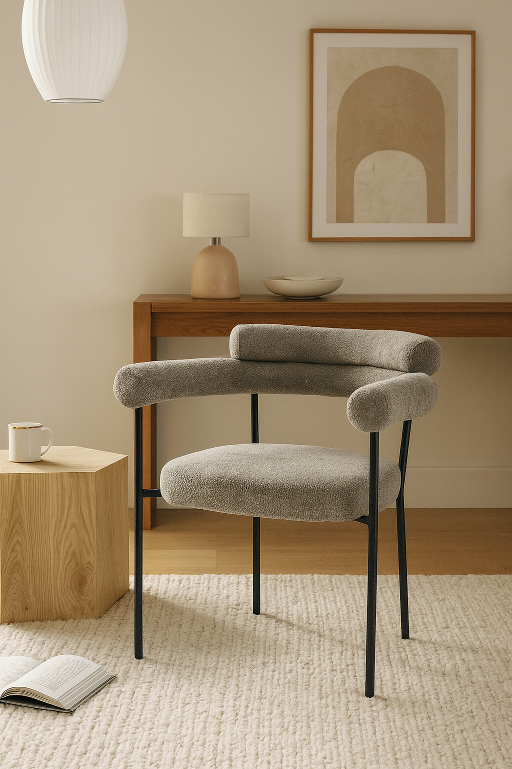 Sillón CERVANTES, metal, tapizado tejido bouclé gris