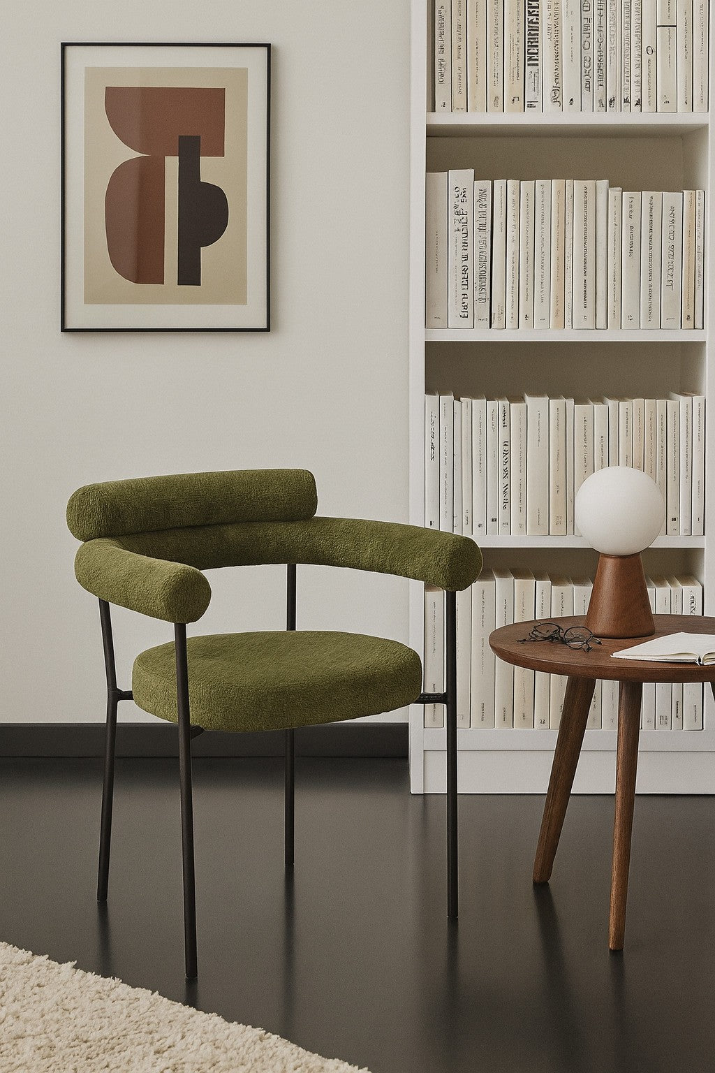 Sillón CERVANTES, metal, tapizado tejido bouclé verde oscuro