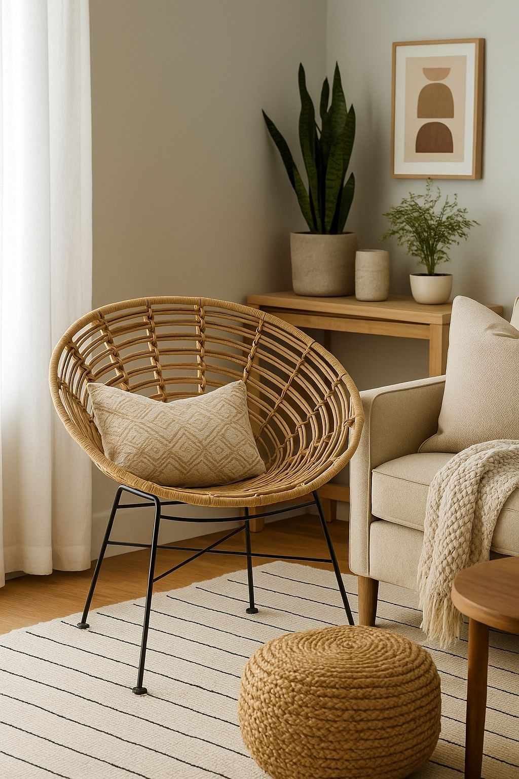 Sillón CIDORA, metal, ratán beige