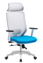 Sillón de oficina CLAYTON, blanco, malla gris, tejido azul claro