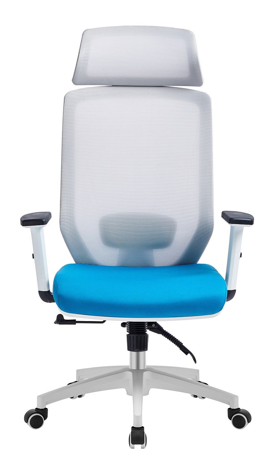 Sillón de oficina CLAYTON, blanco, malla gris, tejido azul claro
