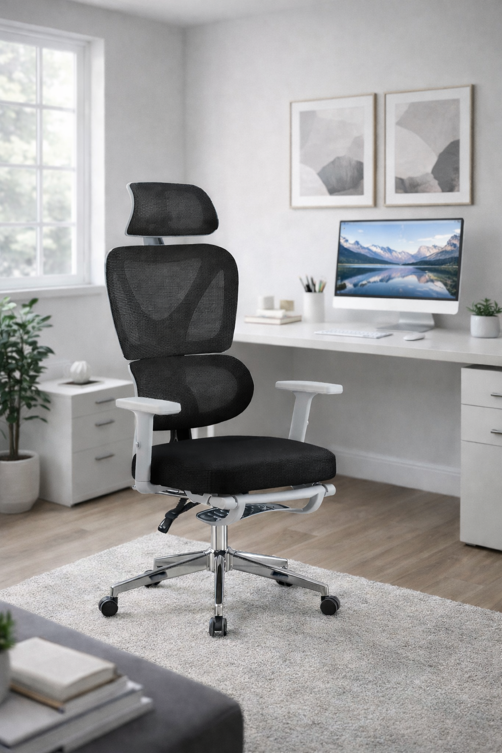 Sillón de oficina DURBUY, alto, ergonómico, gris, malla negra