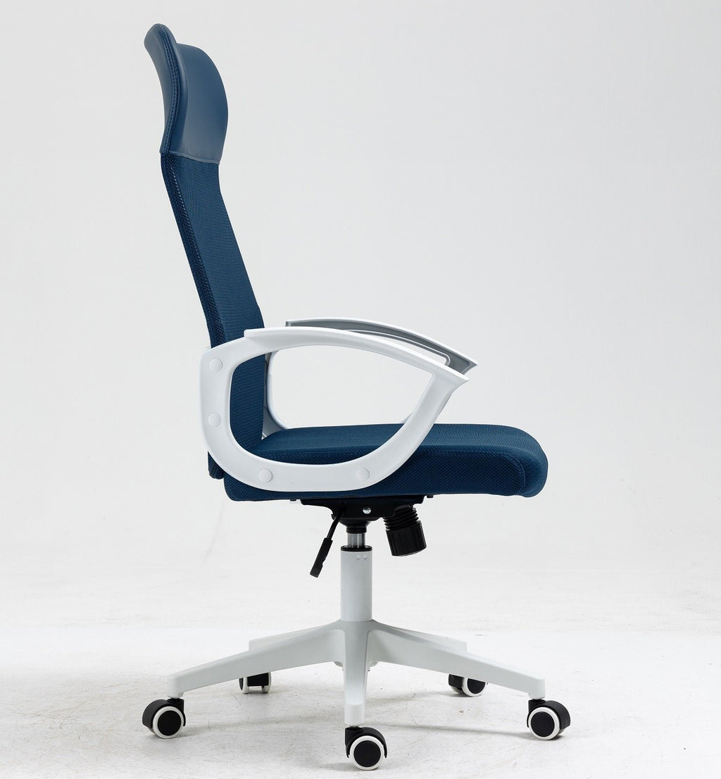 Sillón de oficina VERTON, blanco, malla y asiento azul oscuro