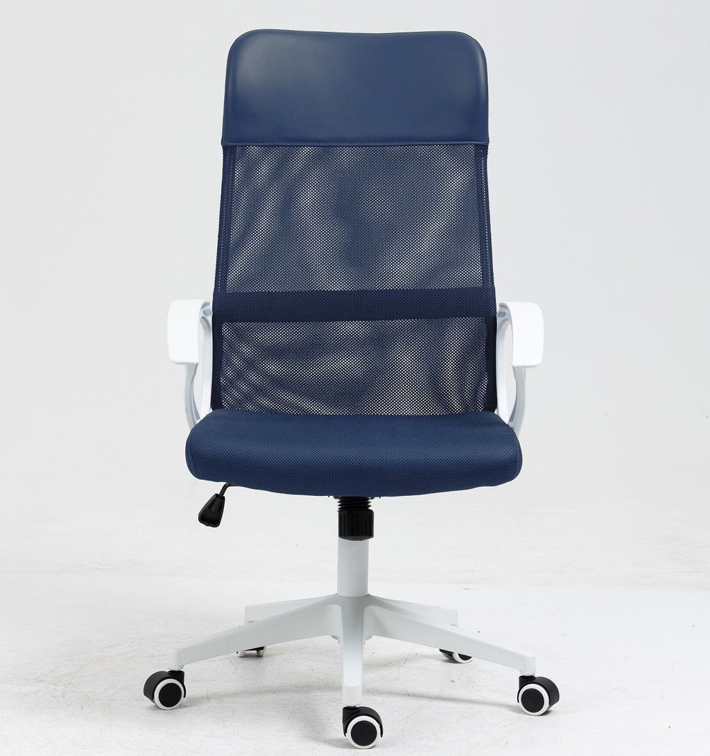 Sillón de oficina VERTON, blanco, malla y asiento azul oscuro