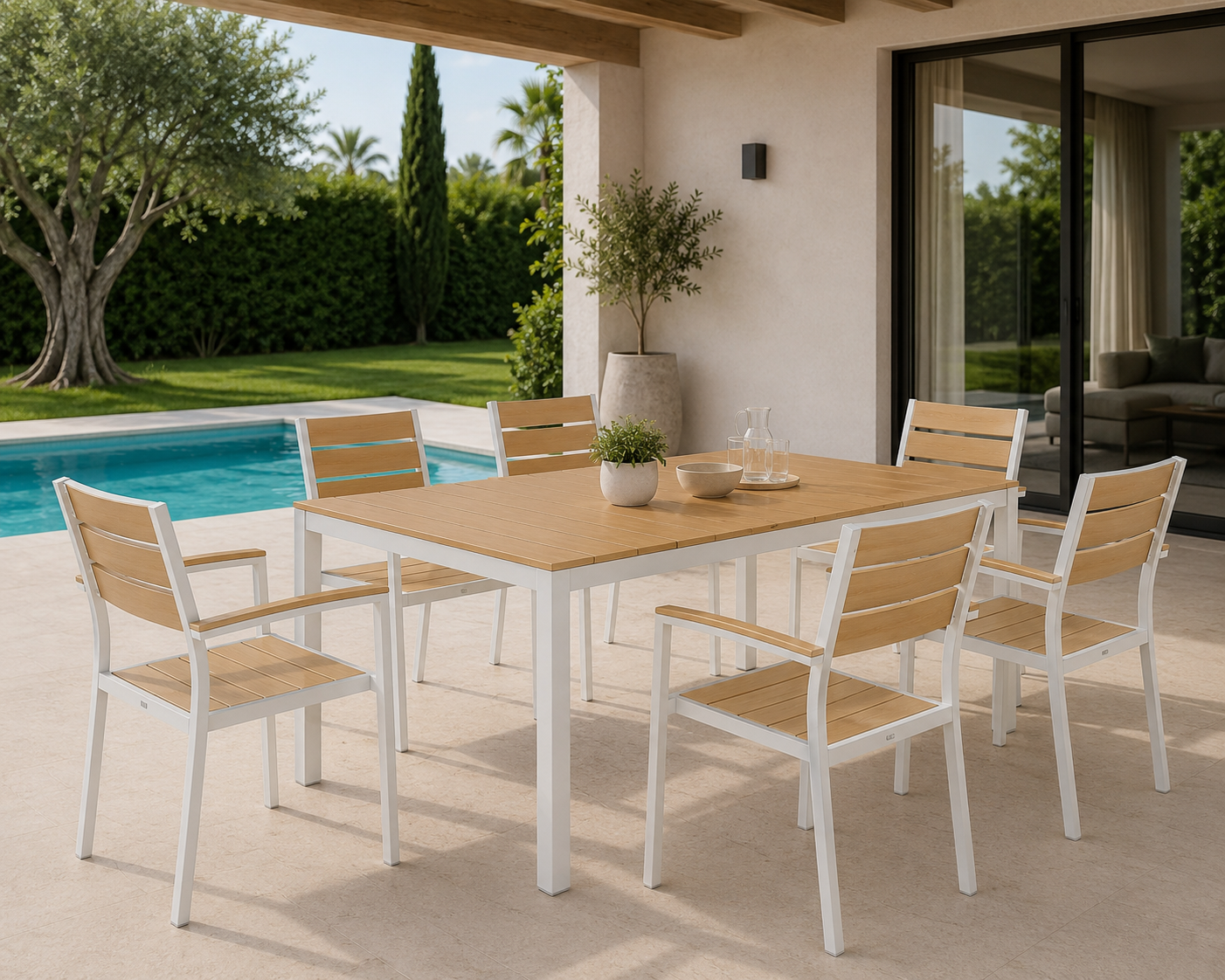 Sillón GARIBALDI, apilable, metal blanco, polywood amarillo