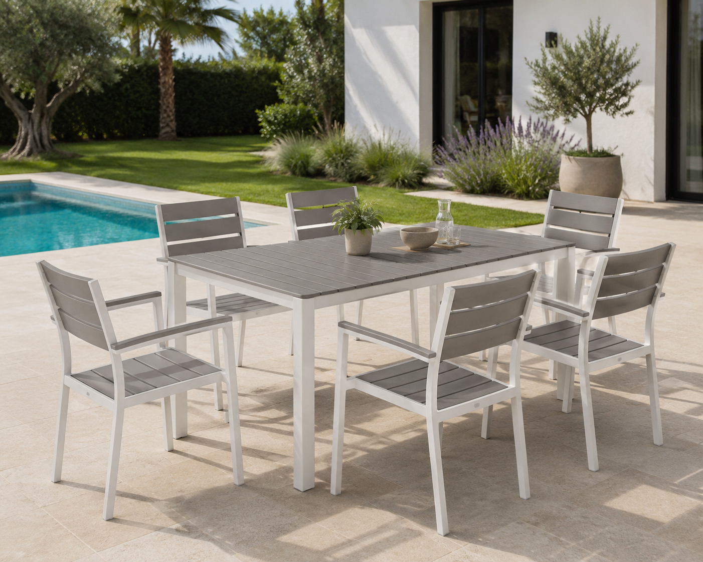 Sillón GARIBALDI, apilable, metal blanco, polywood gris