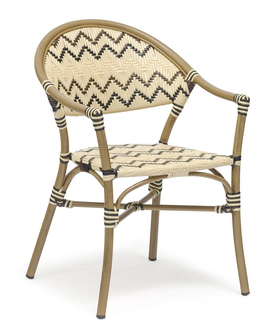 Sillón MERSIN, apilable, aluminio, ratán marrón, crema y negro