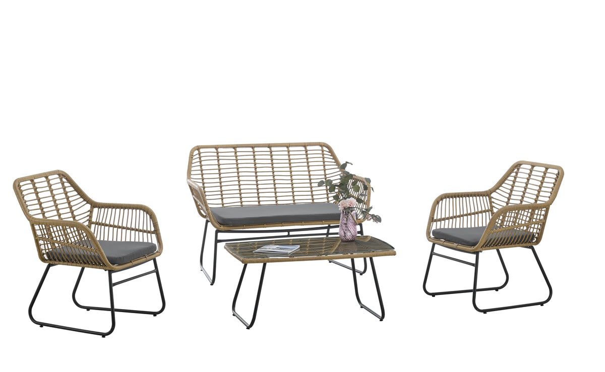 Sofá KROYA, metal, ratán beige, cojín negro