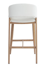 Taburete CALABRIA, metal acabado de color madera, similpiel blanca