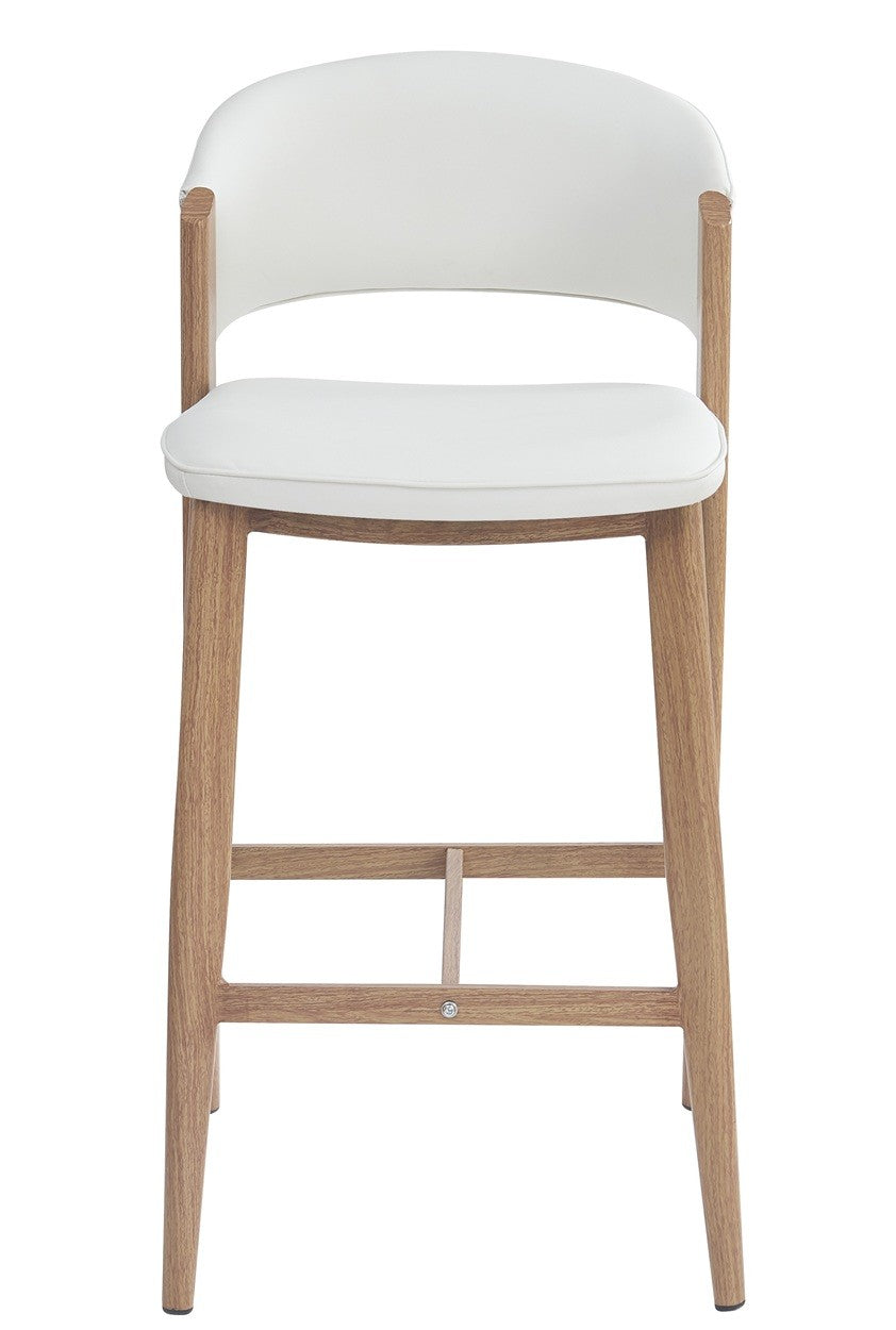 Taburete CALABRIA, metal acabado de color madera, similpiel blanca