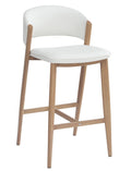 Taburete CALABRIA, metal acabado de color madera, similpiel blanca