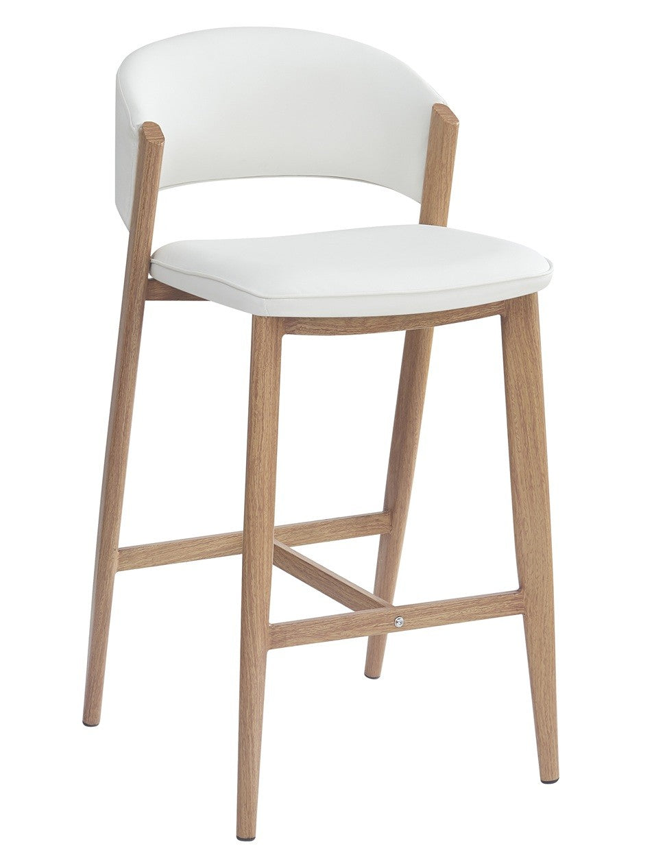 Taburete CALABRIA, metal acabado de color madera, similpiel blanca
