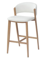 Taburete CALABRIA, metal acabado de color madera, similpiel blanca
