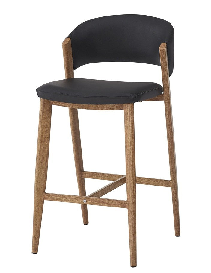 Taburete CALABRIA, metal acabado de color madera, similpiel negra