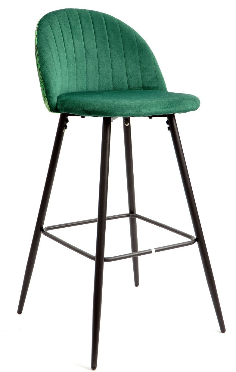 Taburete FLORAL, metal, tapizado velvet verde con trasera floral a juego