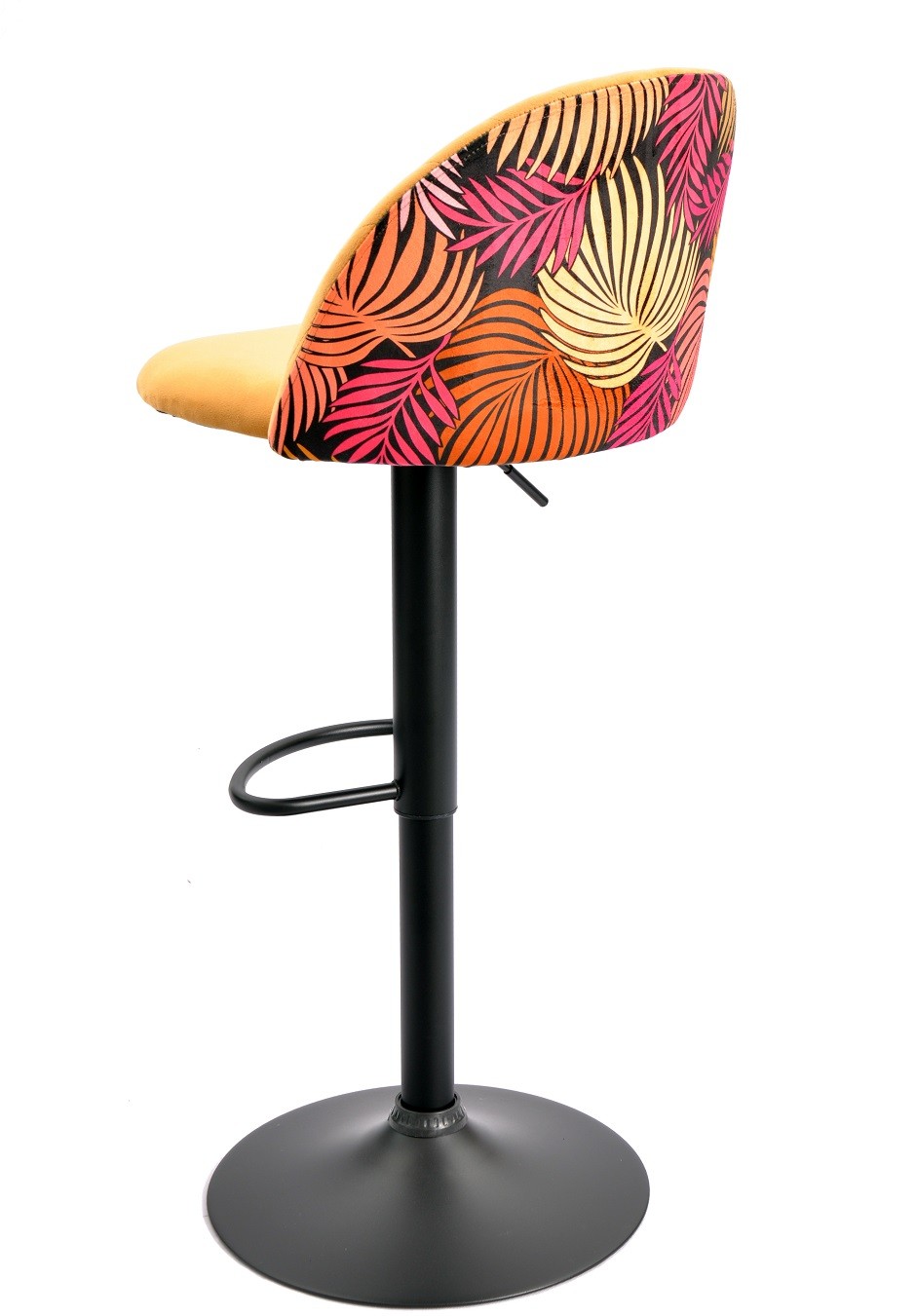 Taburete FLOWER, regulable, metal negro, tapizado velvet amarillo con trasera floral a juego