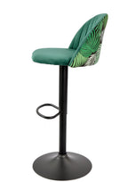Taburete FLOWER, regulable, metal negro, tapizado velvet verde con trasera floral a juego