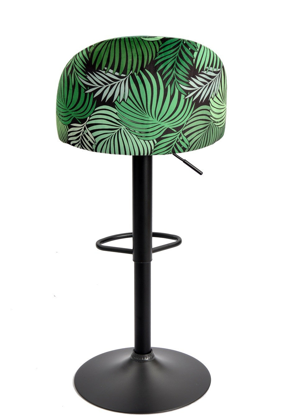 Taburete FLOWER, regulable, metal negro, tapizado velvet verde con trasera floral a juego