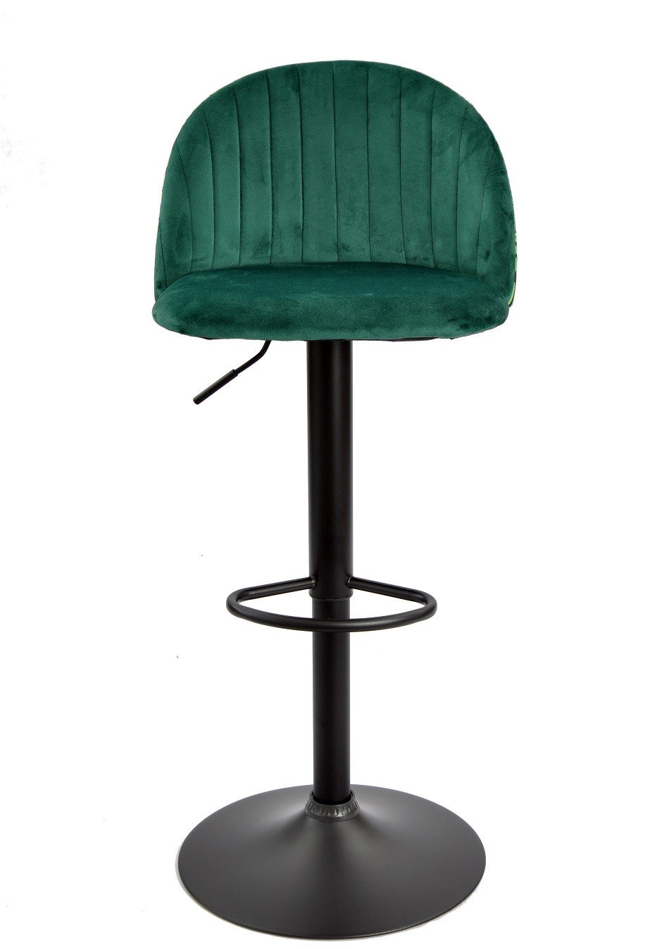 Taburete FLOWER, regulable, metal negro, tapizado velvet verde con trasera floral a juego
