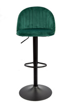 Taburete FLOWER, regulable, metal negro, tapizado velvet verde con trasera floral a juego