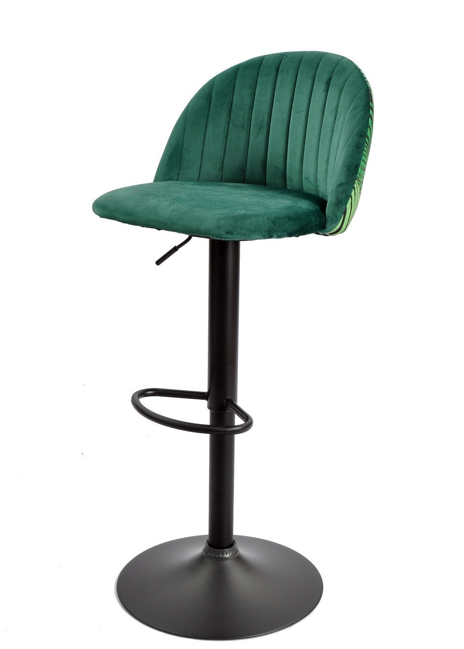 Taburete FLOWER, regulable, metal negro, tapizado velvet verde con trasera floral a juego